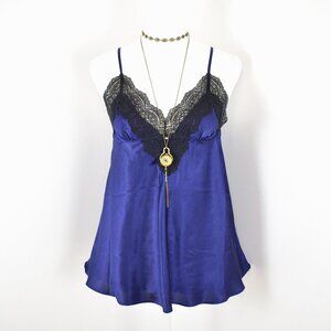 Victoria's Secret 00s Y2K Purple Blue Satin w/ Black Lace Babydoll Slip Sz S